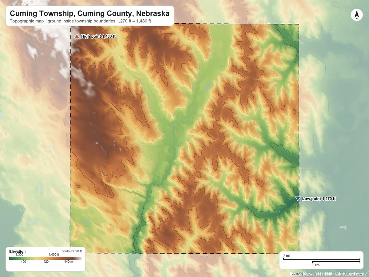 Topographic elevation map of Cuming Township, Cuming County, Nebraska, shaded from 1,270 ft on the southeast side to 1,480 ft on the northwest side