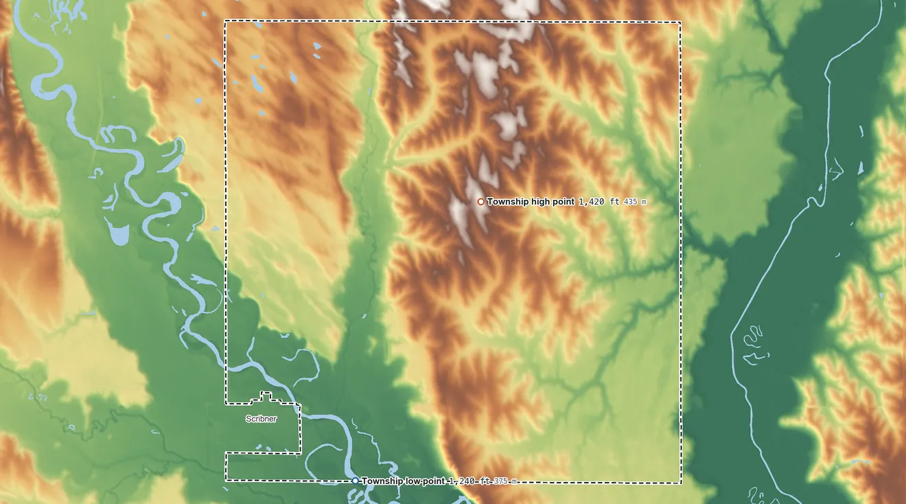Topographic elevation map of Cuming Township, Nebraska, shaded from 1,240 ft on the south side to 1,420 ft on the northeast side