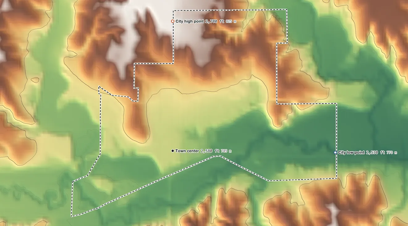 Topographic elevation map of Curtis, Nebraska, shaded from 2,530 ft on the east side to 2,700 ft on the north side