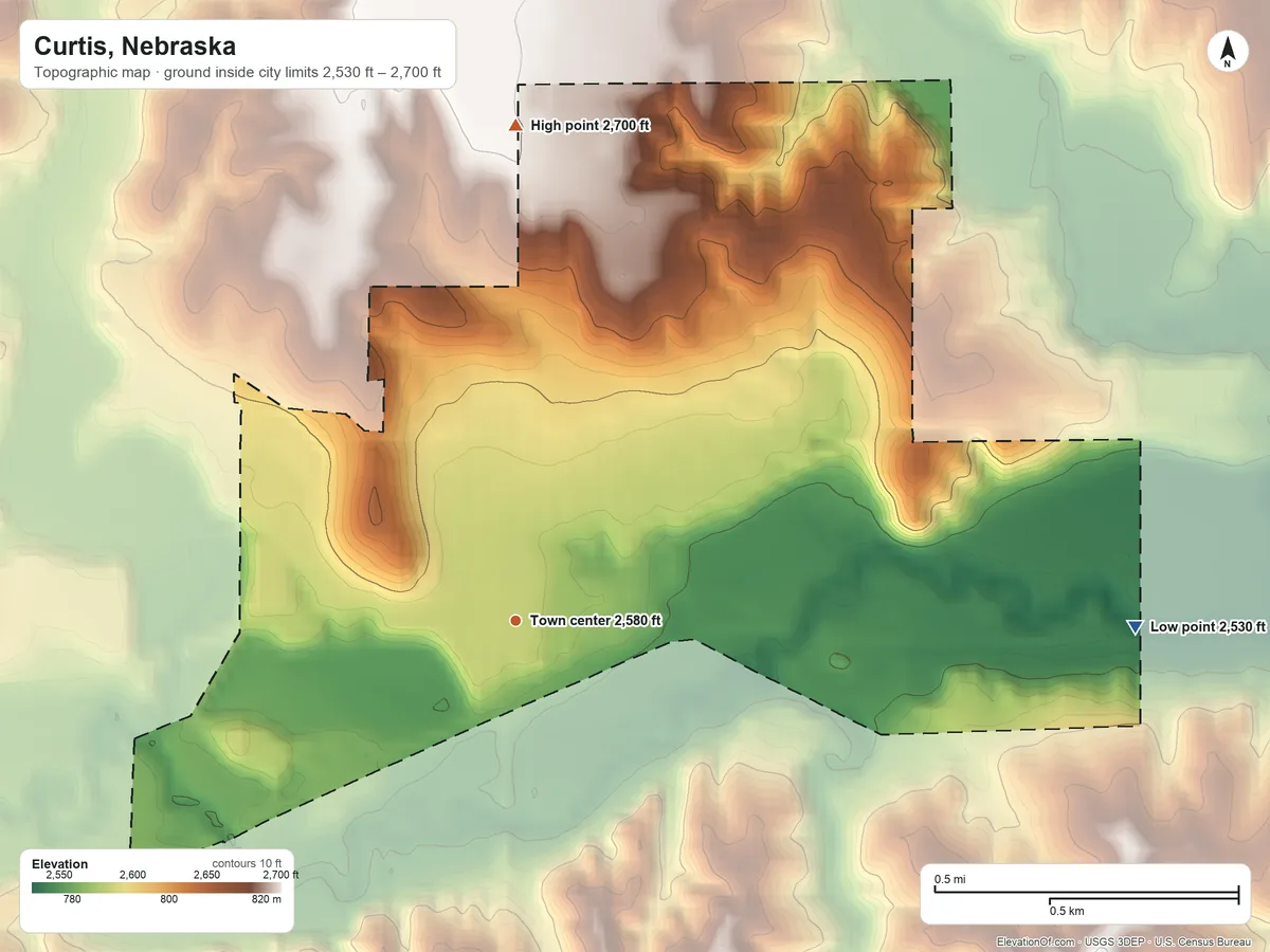 Topographic elevation map of Curtis, Nebraska, shaded from 2,530 ft on the east side to 2,700 ft on the north side