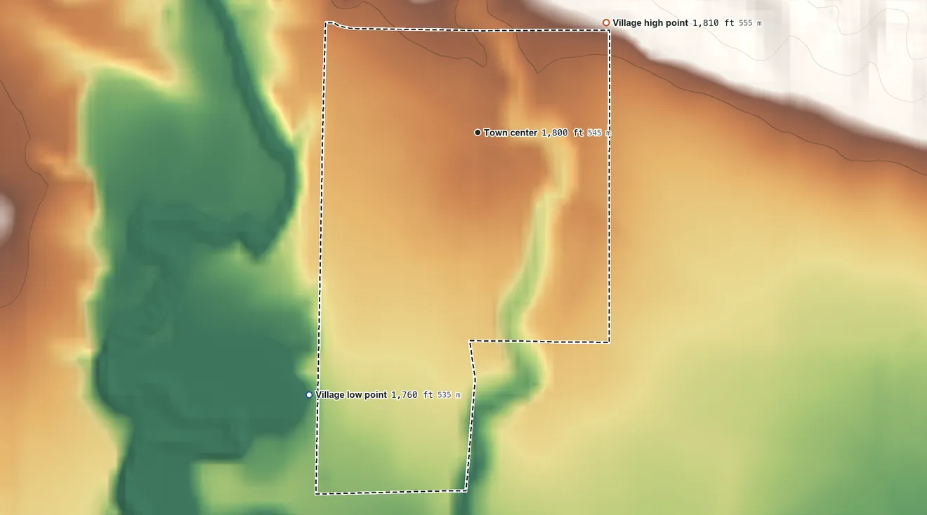 Topographic elevation map of Cushing, Nebraska, shaded from 1,760 ft on the southwest side to 1,810 ft on the northeast side
