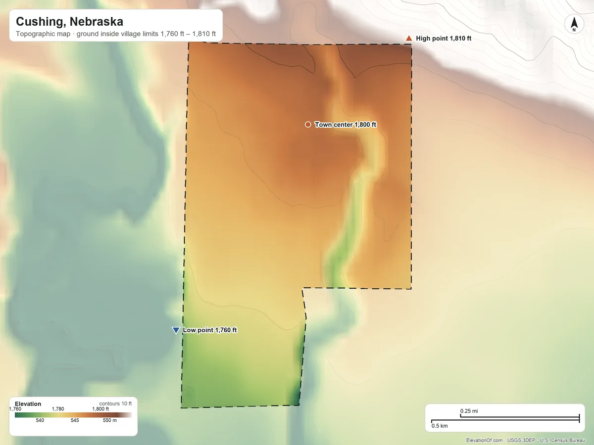 Topographic elevation map of Cushing, Nebraska, shaded from 1,760 ft on the southwest side to 1,810 ft on the northeast side