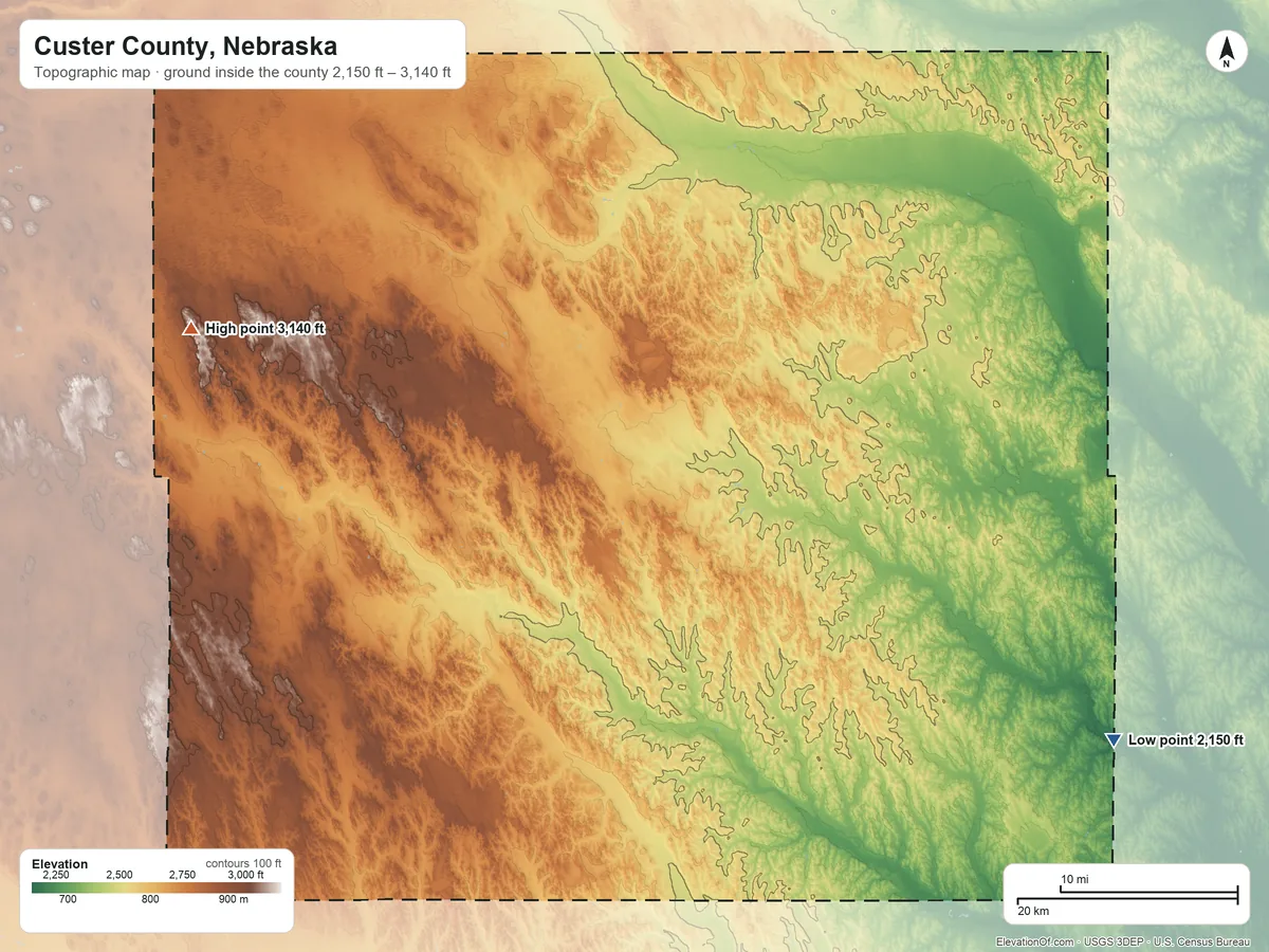 Topographic elevation map of Custer County, Nebraska, shaded from 2,150 ft on the southeast side to 3,140 ft on the west side