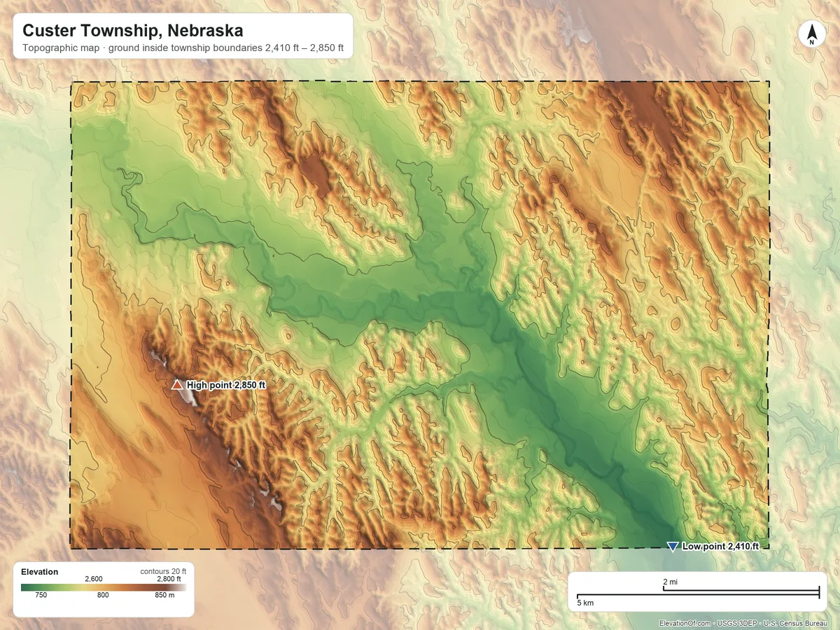 Topographic elevation map of Custer Township, Nebraska, shaded from 2,410 ft on the southeast side to 2,850 ft on the southwest side