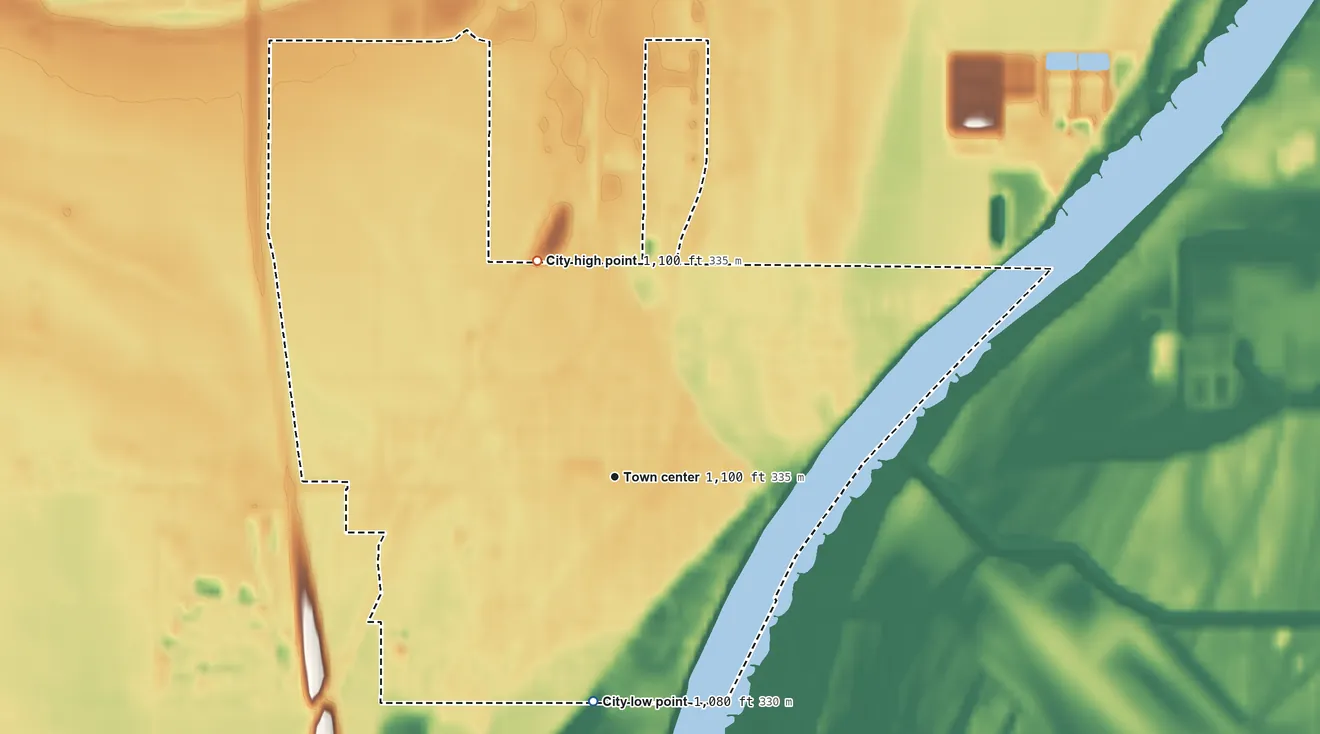 Topographic elevation map of Dakota City, Nebraska, shaded from 1,080 ft on the south side to 1,100 ft on the north side