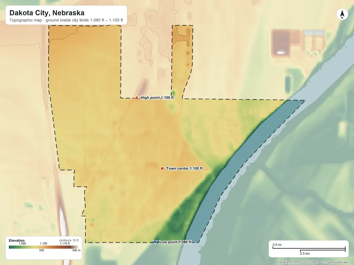 Topographic elevation map of Dakota City, Nebraska, shaded from 1,080 ft on the south side to 1,100 ft on the north side