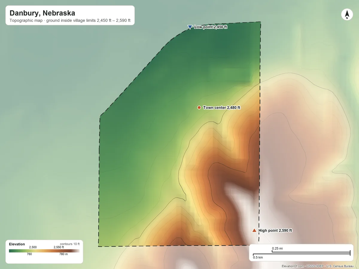 Topographic elevation map of Danbury, Nebraska, shaded from 2,450 ft on the north side to 2,590 ft on the southeast side