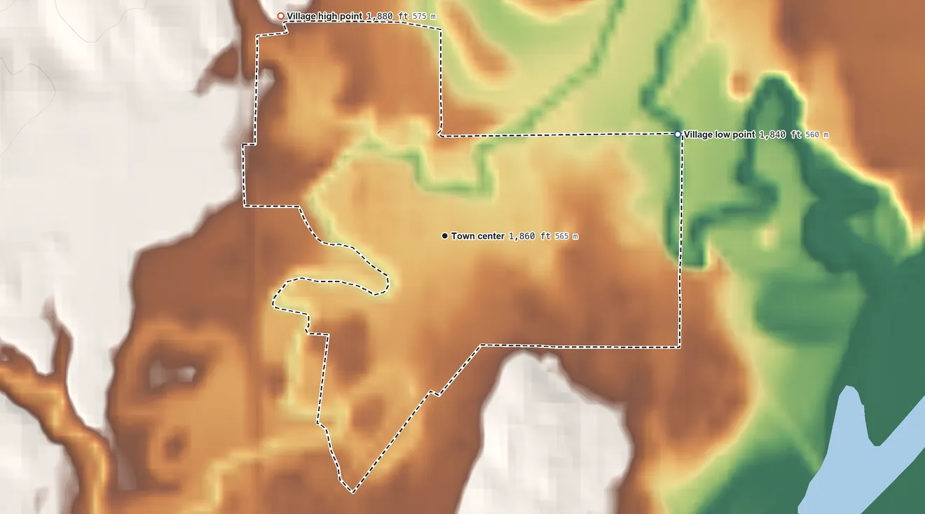 Topographic elevation map of Dannebrog, Nebraska, shaded from 1,840 ft on the northeast side to 1,880 ft on the northwest side