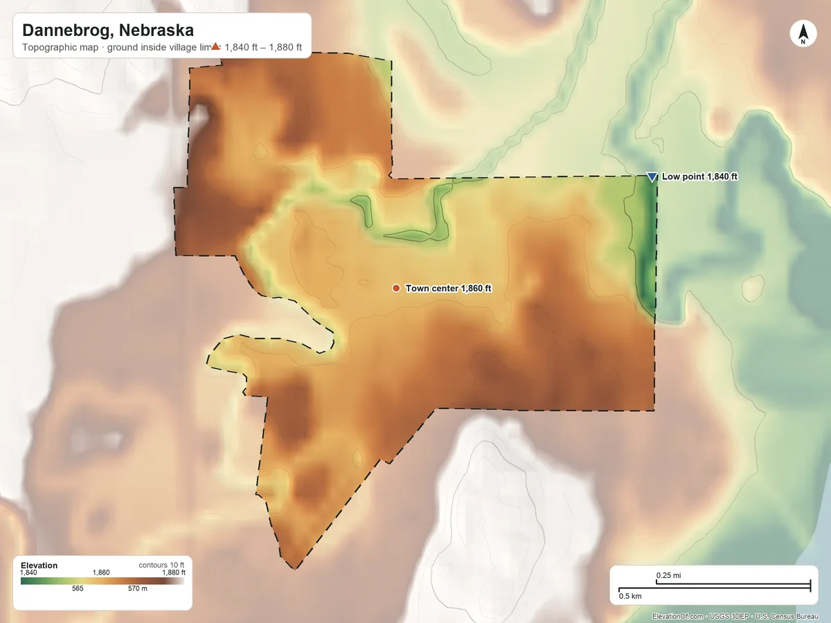 Topographic elevation map of Dannebrog, Nebraska, shaded from 1,840 ft on the northeast side to 1,880 ft on the northwest side