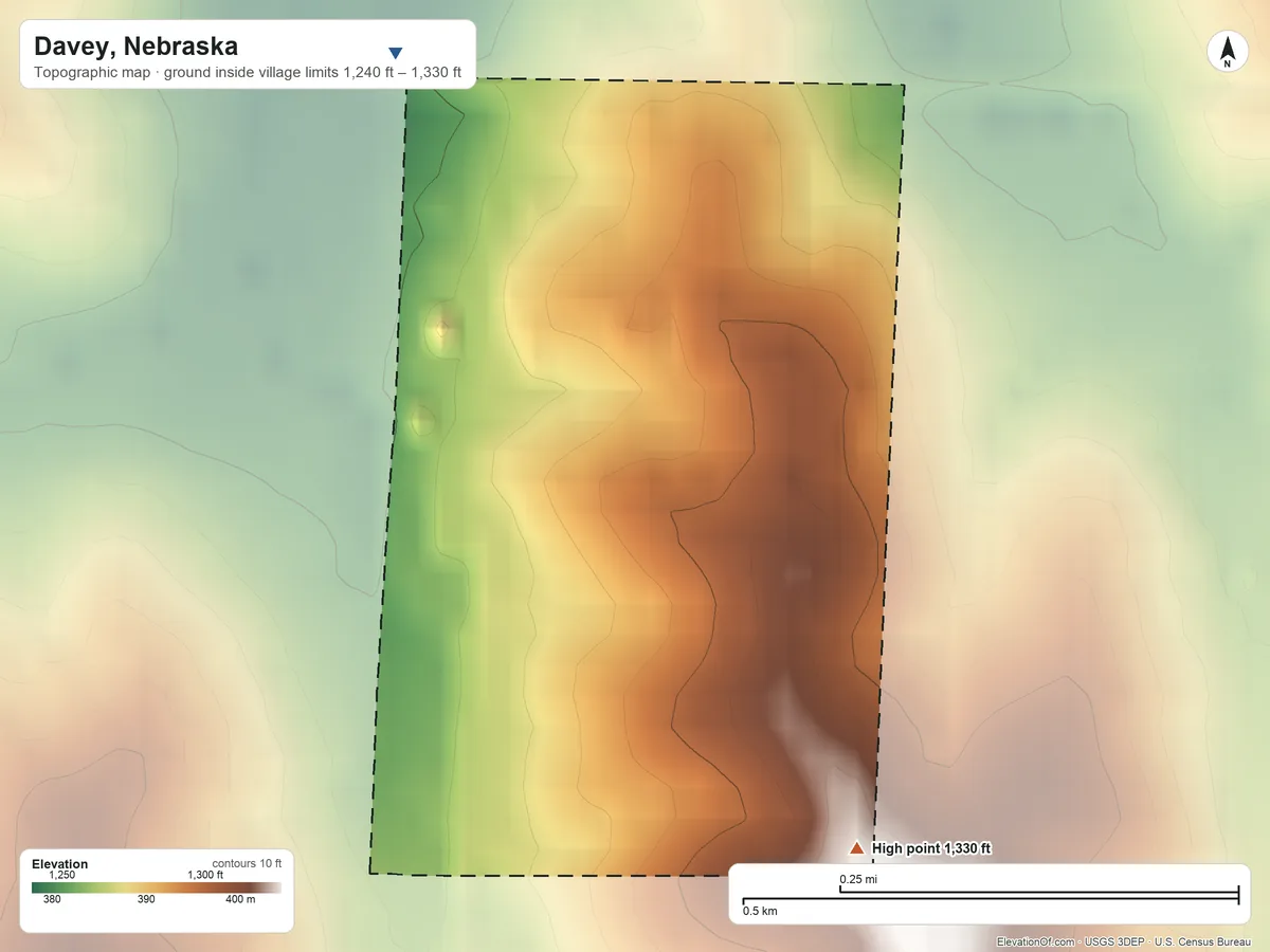 Topographic elevation map of Davey, Nebraska, shaded from 1,240 ft on the northwest side to 1,330 ft on the southeast side