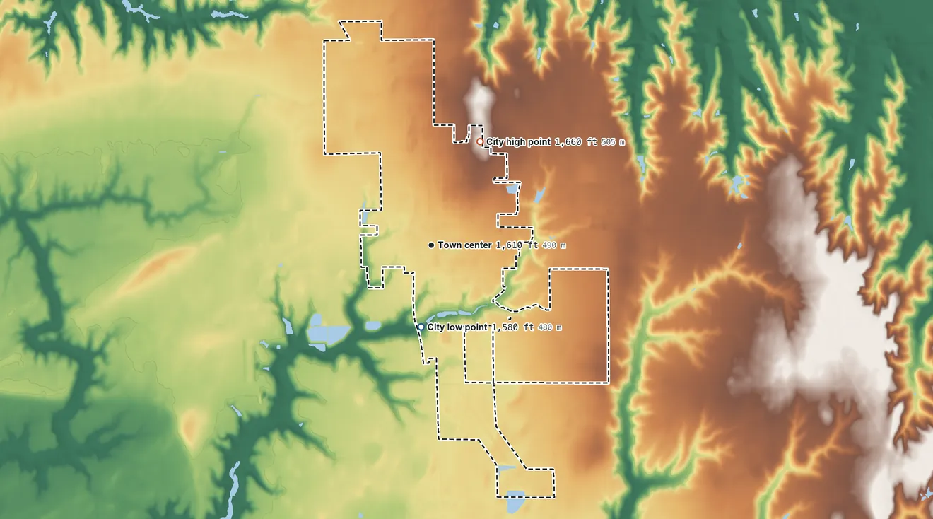 Topographic elevation map of David City, Nebraska, shaded from 1,580 ft on the south side to 1,660 ft on the northeast side