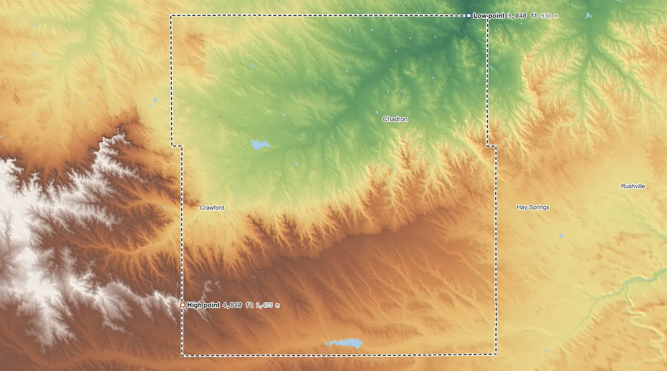 Topographic elevation map of Dawes County, Nebraska, shaded from 3,040 ft on the northeast side to 4,840 ft on the southwest side