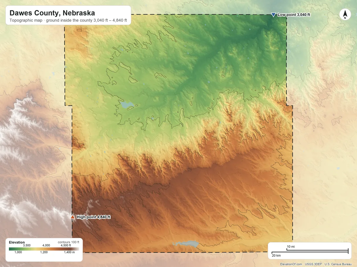 Topographic elevation map of Dawes County, Nebraska, shaded from 3,040 ft on the northeast side to 4,840 ft on the southwest side