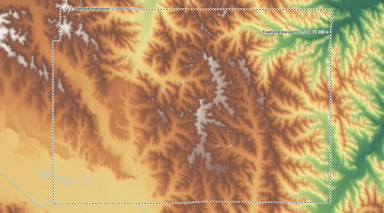 Topographic elevation map of Dawes Township, Nebraska, shaded from 1,140 ft on the east side to 1,480 ft on the northwest side