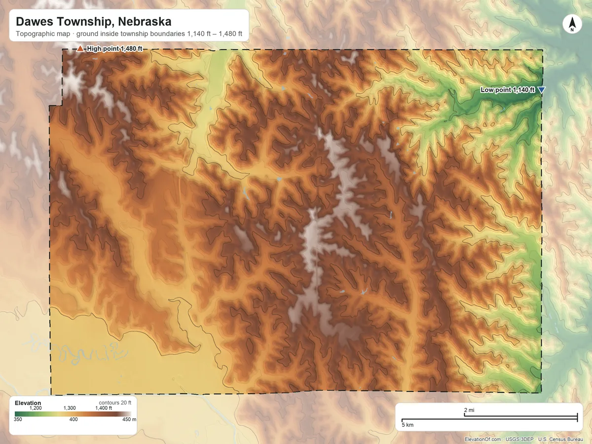 Topographic elevation map of Dawes Township, Nebraska, shaded from 1,140 ft on the east side to 1,480 ft on the northwest side