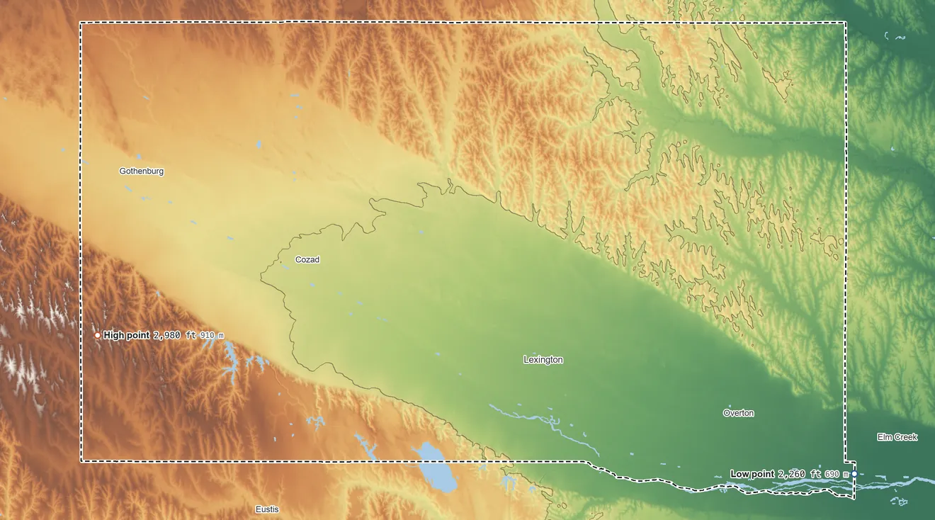 Topographic elevation map of Dawson County, Nebraska, shaded from 2,260 ft on the southeast side to 2,980 ft on the west side