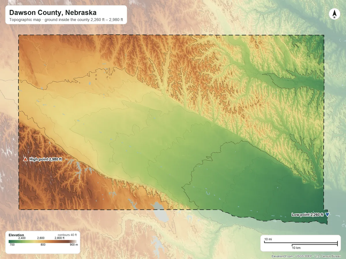 Topographic elevation map of Dawson County, Nebraska, shaded from 2,260 ft on the southeast side to 2,980 ft on the west side