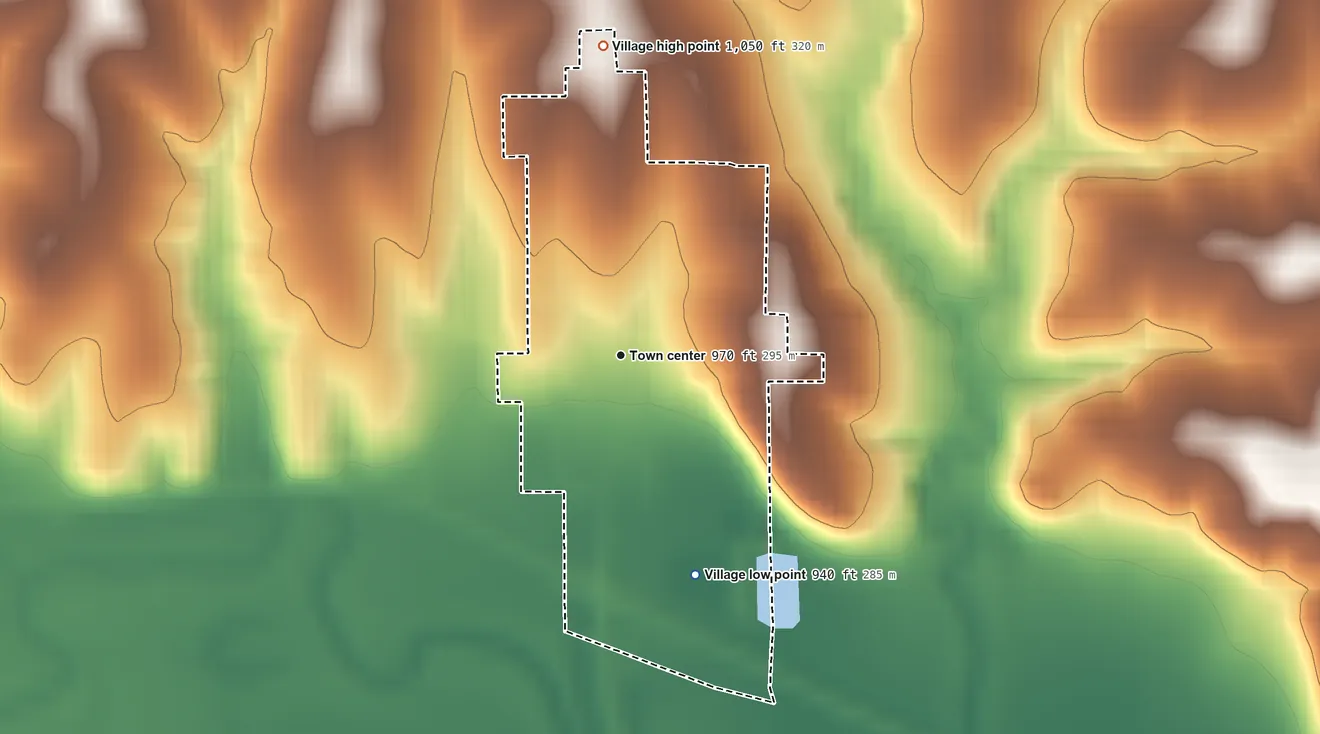 Topographic elevation map of Dawson, Nebraska, shaded from 940 ft on the south side to 1,050 ft on the north side