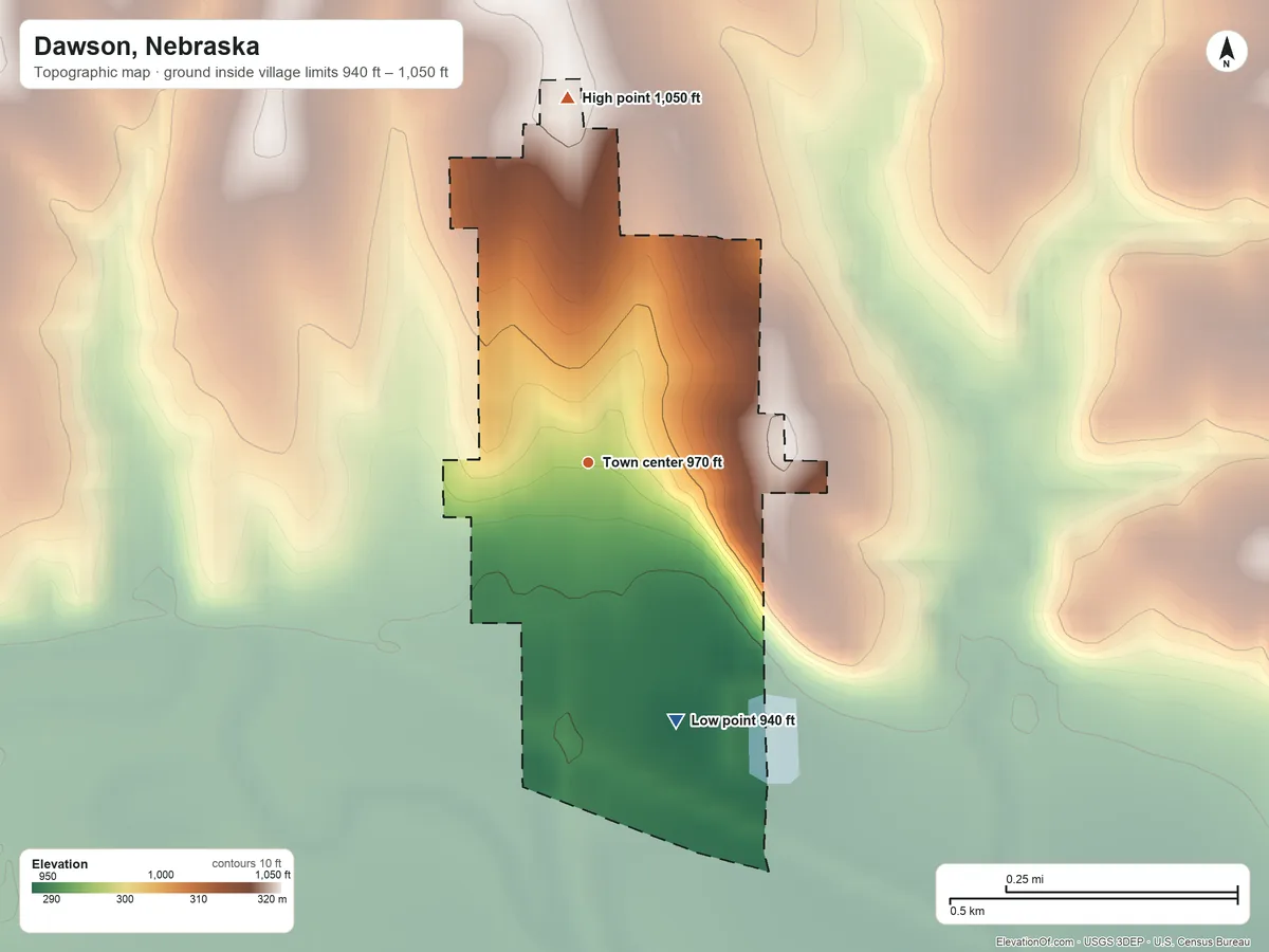 Topographic elevation map of Dawson, Nebraska, shaded from 940 ft on the south side to 1,050 ft on the north side