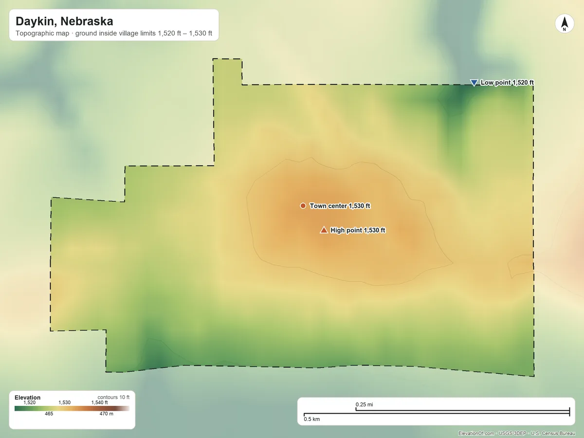 Topographic elevation map of Daykin, Nebraska, shaded from 1,520 ft on the northeast side to 1,530 ft near the middle