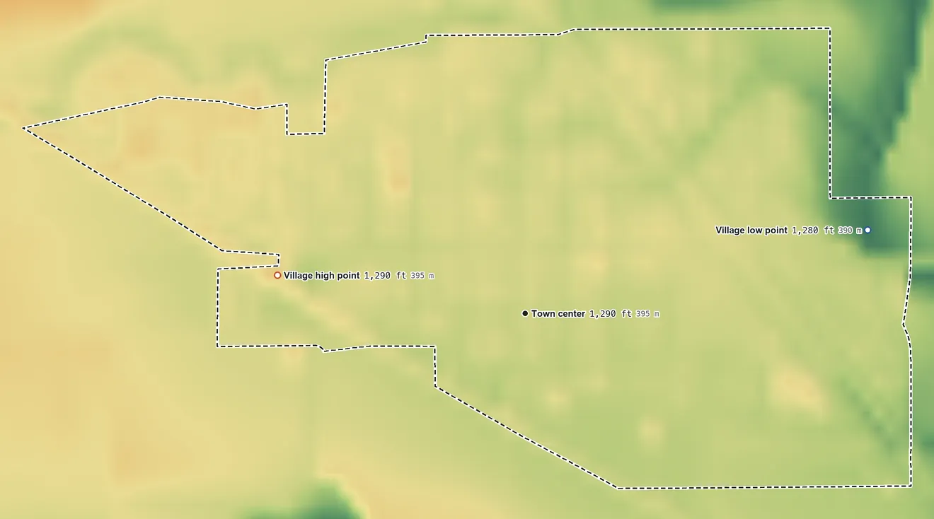 Topographic elevation map of De Witt, Nebraska, shaded from 1,280 ft on the east side to 1,290 ft on the west side