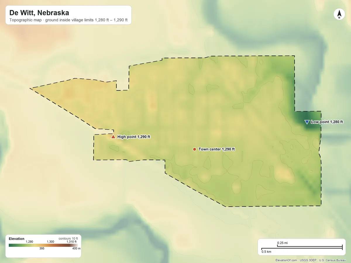 Topographic elevation map of De Witt, Nebraska, shaded from 1,280 ft on the east side to 1,290 ft on the west side