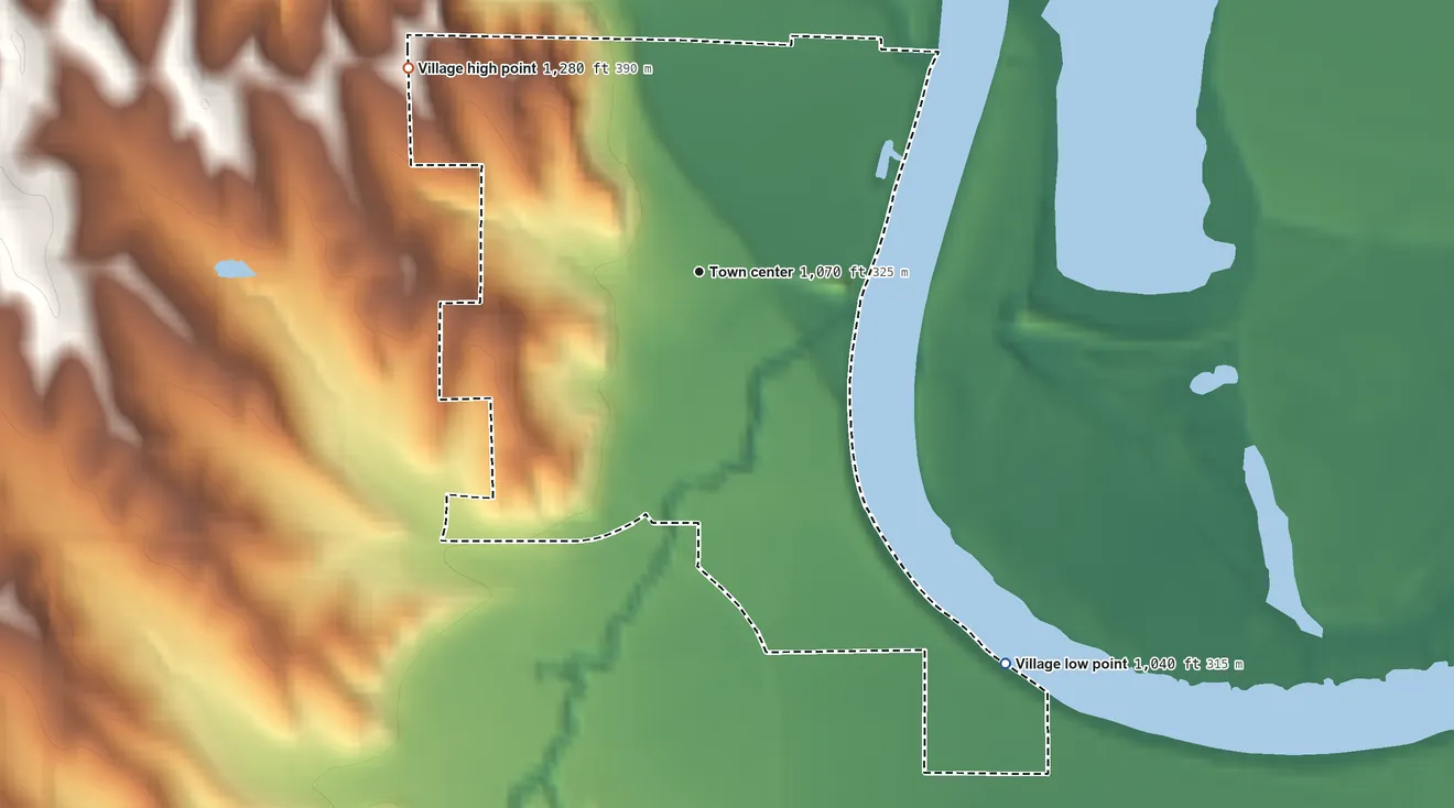 Topographic elevation map of Decatur, Nebraska, shaded from 1,040 ft on the southeast side to 1,280 ft on the northwest side