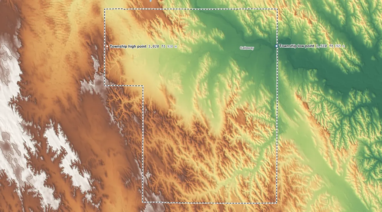 Topographic elevation map of Delight Township, Nebraska, shaded from 2,510 ft on the east side to 3,020 ft on the west side