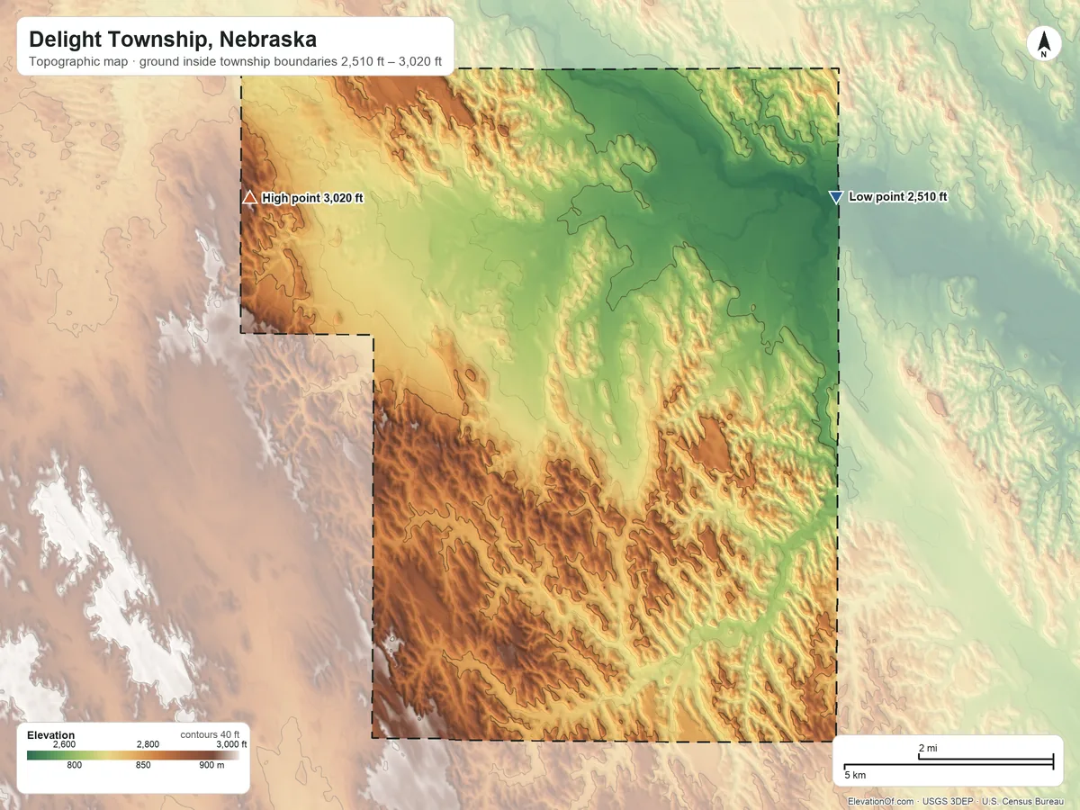 Topographic elevation map of Delight Township, Nebraska, shaded from 2,510 ft on the east side to 3,020 ft on the west side