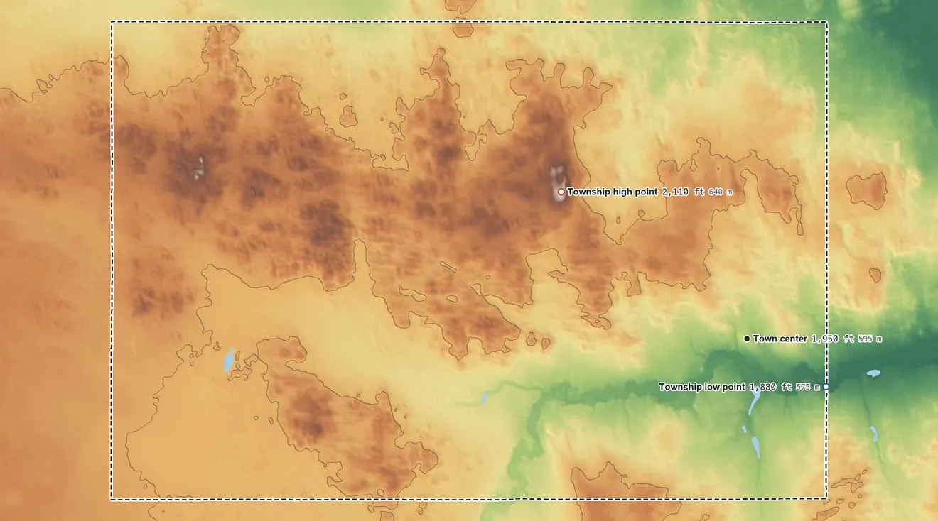 Topographic elevation map of Deloit Township, Nebraska, shaded from 1,880 ft on the southeast side to 2,110 ft on the northwest side
