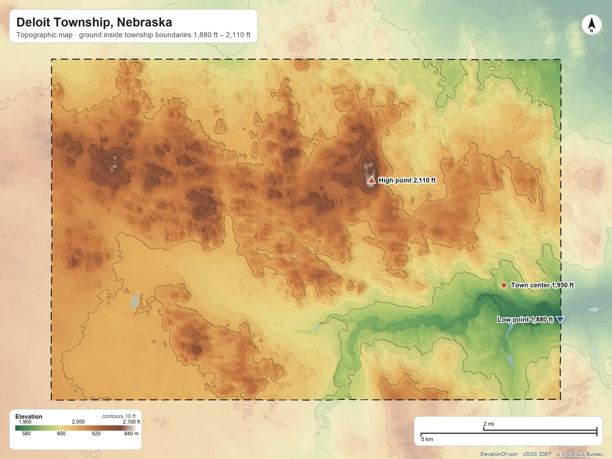 Topographic elevation map of Deloit Township, Nebraska, shaded from 1,880 ft on the southeast side to 2,110 ft on the northwest side