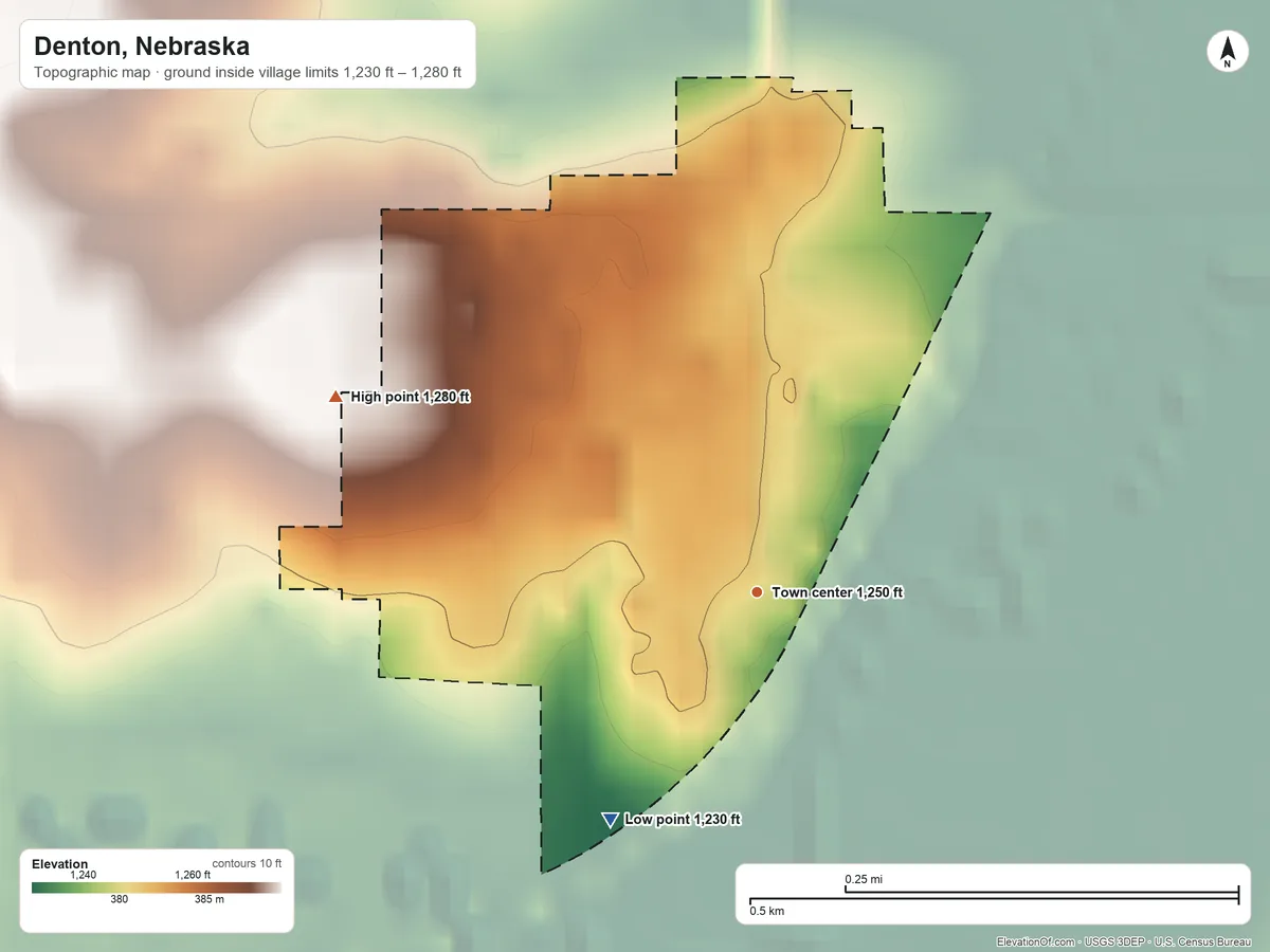 Topographic elevation map of Denton, Nebraska, shaded from 1,230 ft on the southwest side to 1,280 ft on the northwest side