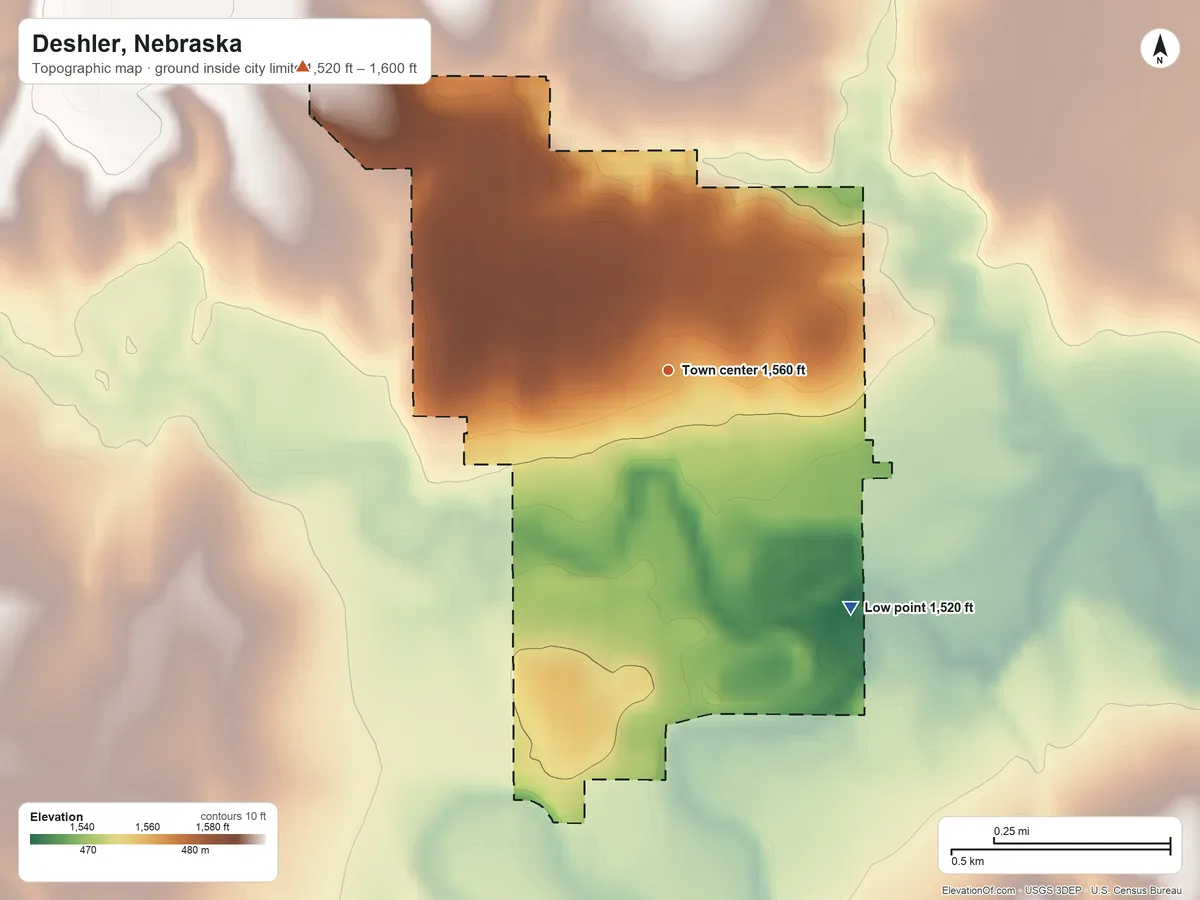 Topographic elevation map of Deshler, Nebraska, shaded from 1,520 ft on the southeast side to 1,600 ft on the northwest side