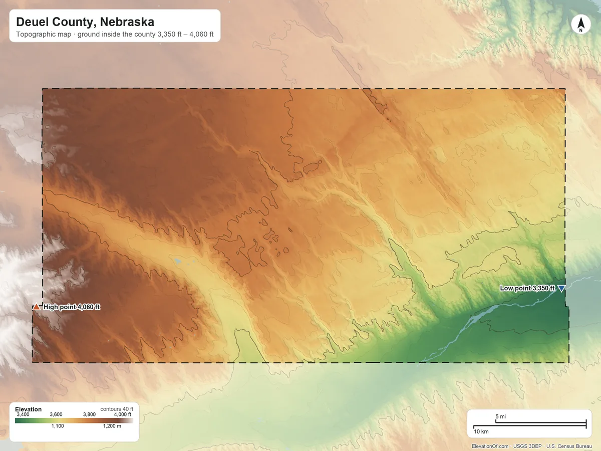 Topographic elevation map of Deuel County, Nebraska, shaded from 3,350 ft on the east side to 4,060 ft on the west side