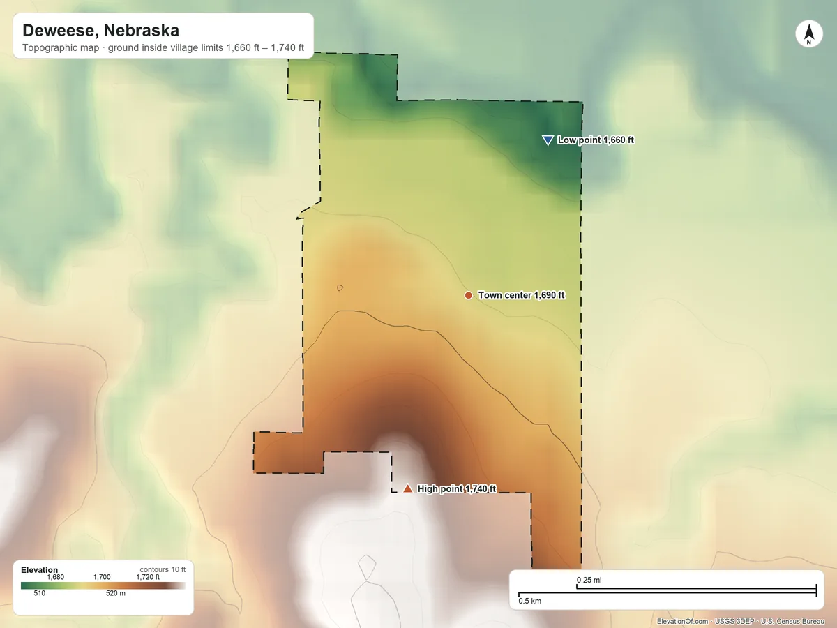 Topographic elevation map of Deweese, Nebraska, shaded from 1,660 ft on the northeast side to 1,740 ft on the south side