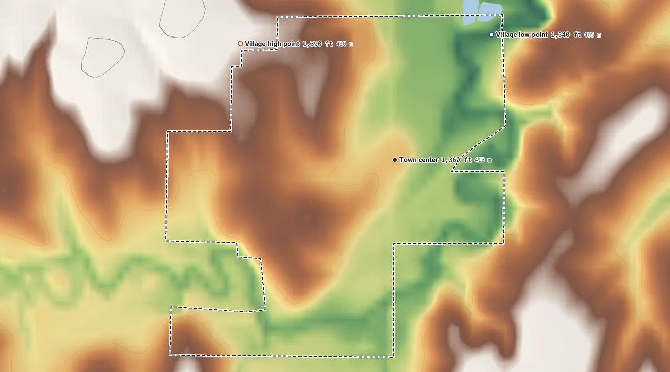Topographic elevation map of Diller, Nebraska, shaded from 1,340 ft on the northeast side to 1,390 ft on the northwest side