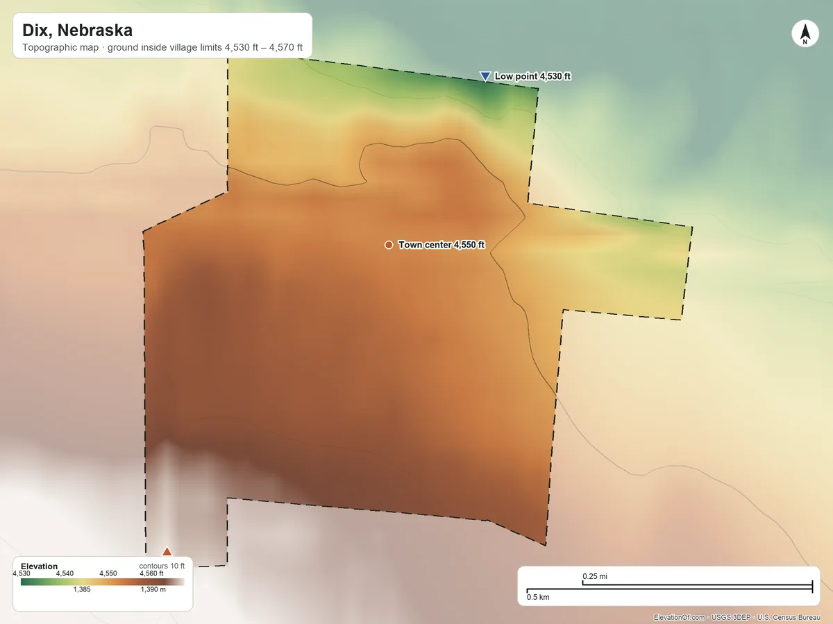 Topographic elevation map of Dix, Nebraska, shaded from 4,530 ft on the northeast side to 4,570 ft on the southwest side