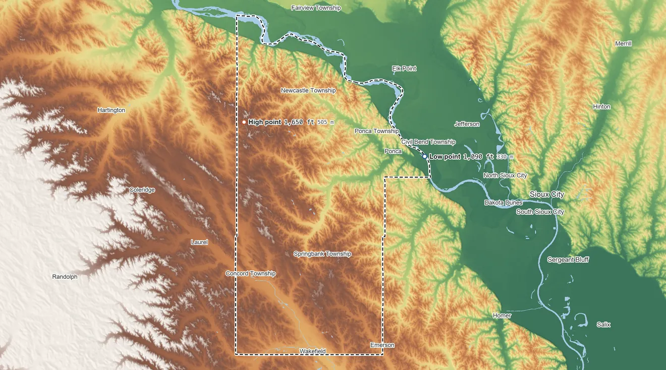 Topographic elevation map of Dixon County, Nebraska, shaded from 1,090 ft on the east side to 1,650 ft on the northwest side