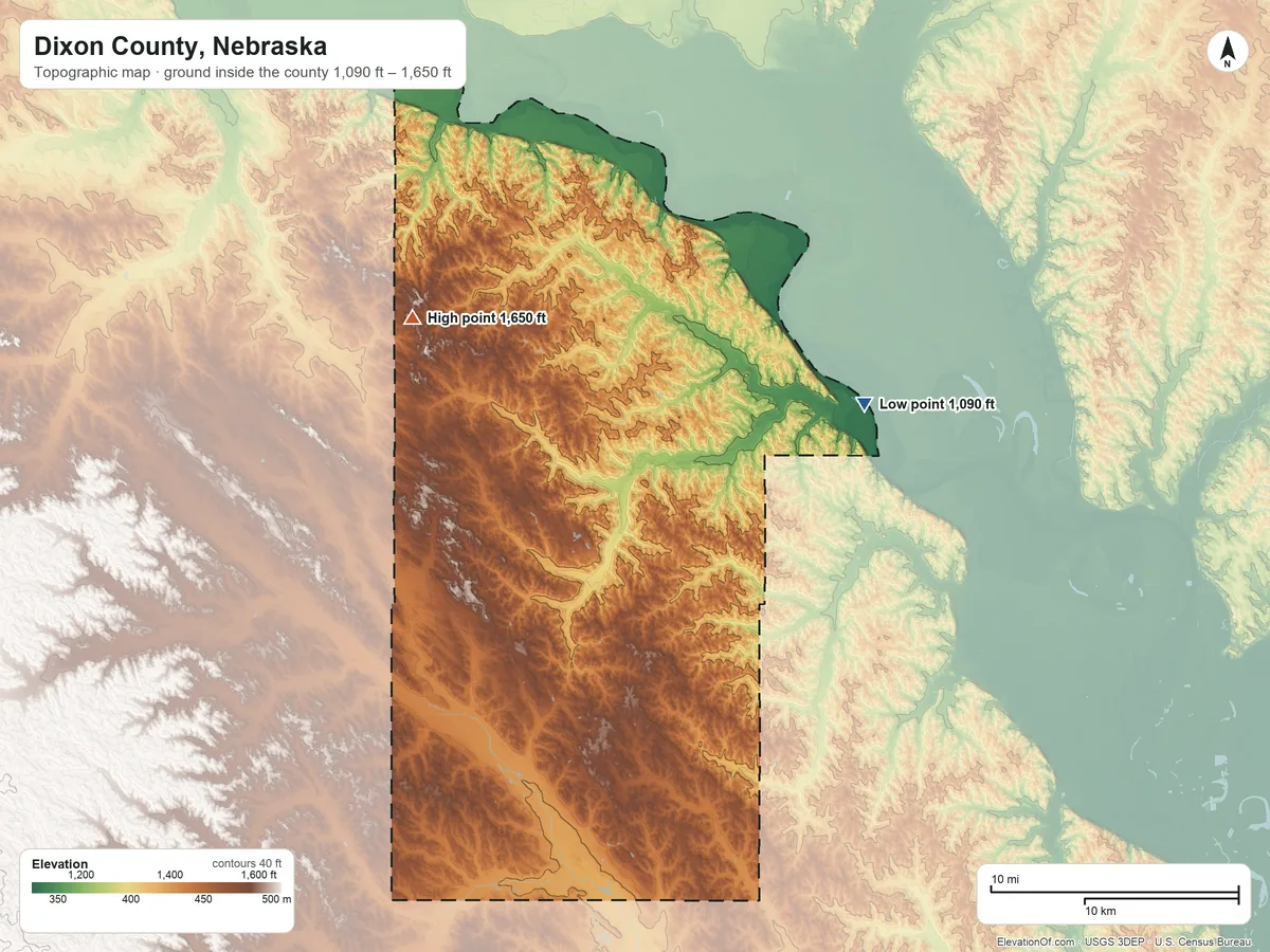 Topographic elevation map of Dixon County, Nebraska, shaded from 1,090 ft on the east side to 1,650 ft on the northwest side