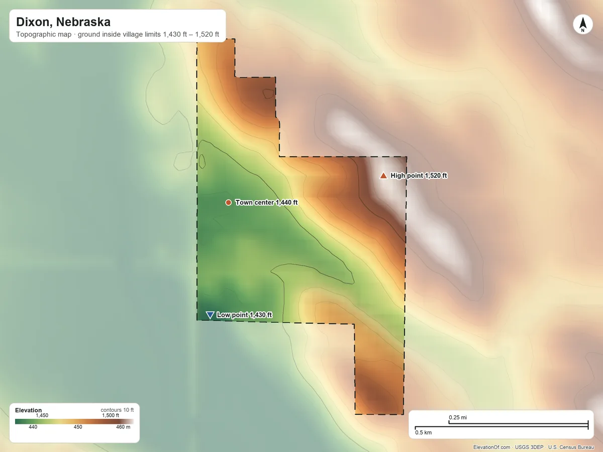Topographic elevation map of Dixon, Nebraska, shaded from 1,430 ft on the south side to 1,520 ft on the east side