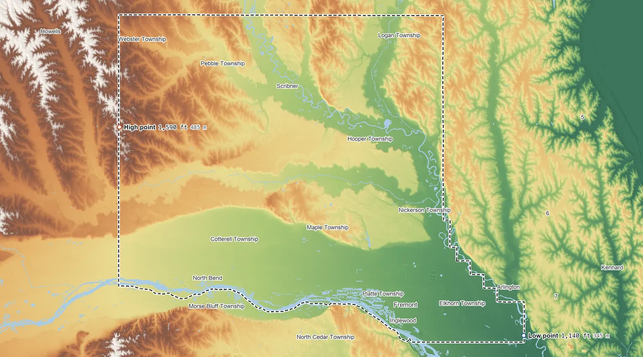Topographic elevation map of Dodge County, Nebraska, shaded from 1,140 ft on the southeast side to 1,590 ft on the west side