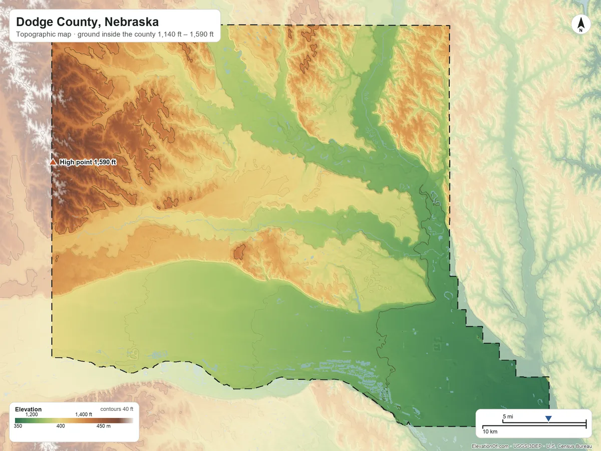 Topographic elevation map of Dodge County, Nebraska, shaded from 1,140 ft on the southeast side to 1,590 ft on the west side