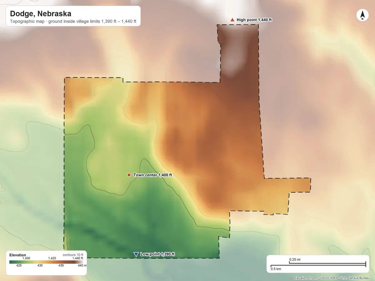 Topographic elevation map of Dodge, Nebraska, shaded from 1,390 ft on the south side to 1,440 ft on the northeast side
