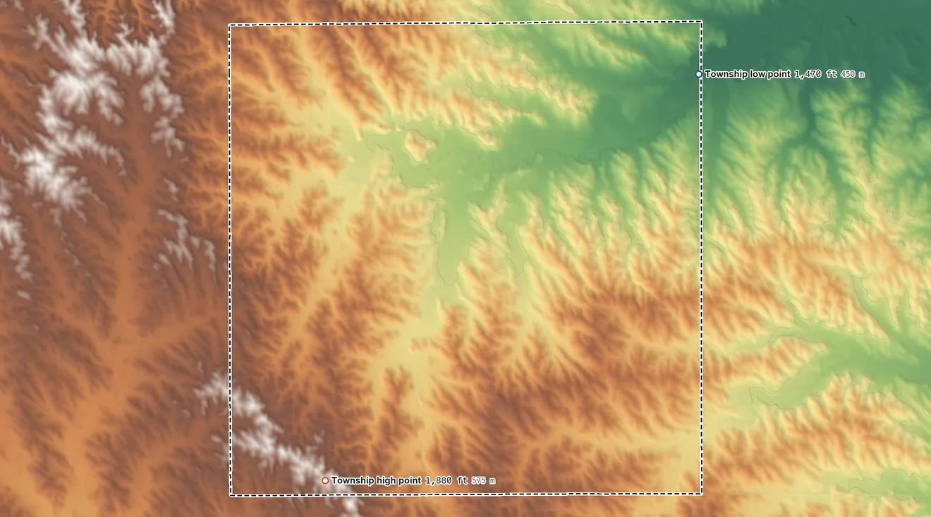 Topographic elevation map of Dolphin Township, Nebraska, shaded from 1,470 ft on the northeast side to 1,880 ft on the southwest side