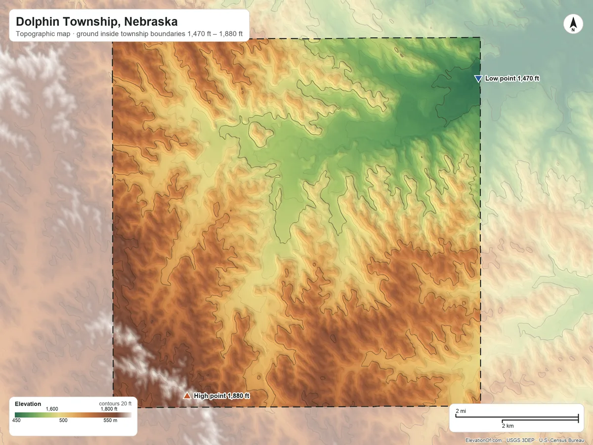 Topographic elevation map of Dolphin Township, Nebraska, shaded from 1,470 ft on the northeast side to 1,880 ft on the southwest side