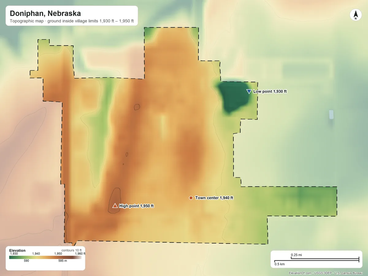 Topographic elevation map of Doniphan, Nebraska, shaded from 1,930 ft on the northeast side to 1,950 ft on the west side