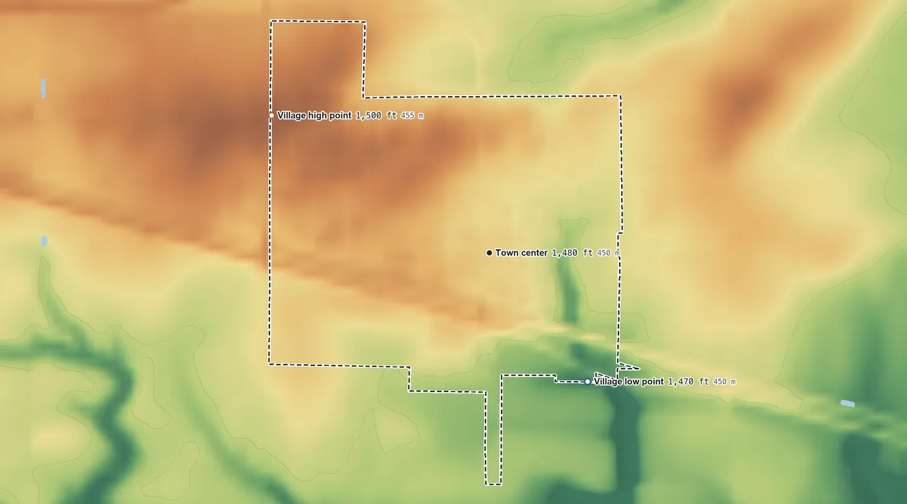 Topographic elevation map of Dorchester, Nebraska, shaded from 1,470 ft on the southeast side to 1,500 ft on the northwest side