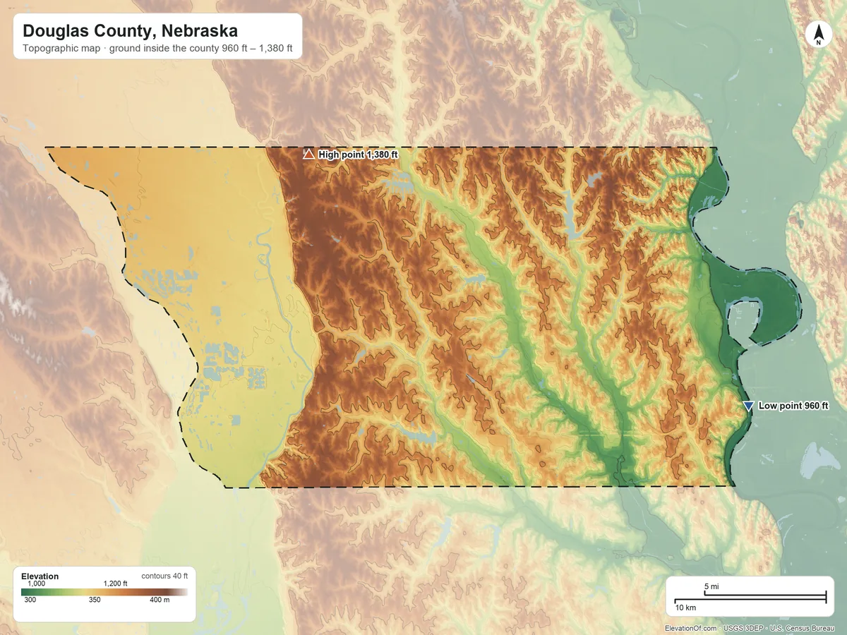 Topographic elevation map of Douglas County, Nebraska, shaded from 960 ft on the east side to 1,380 ft on the northwest side