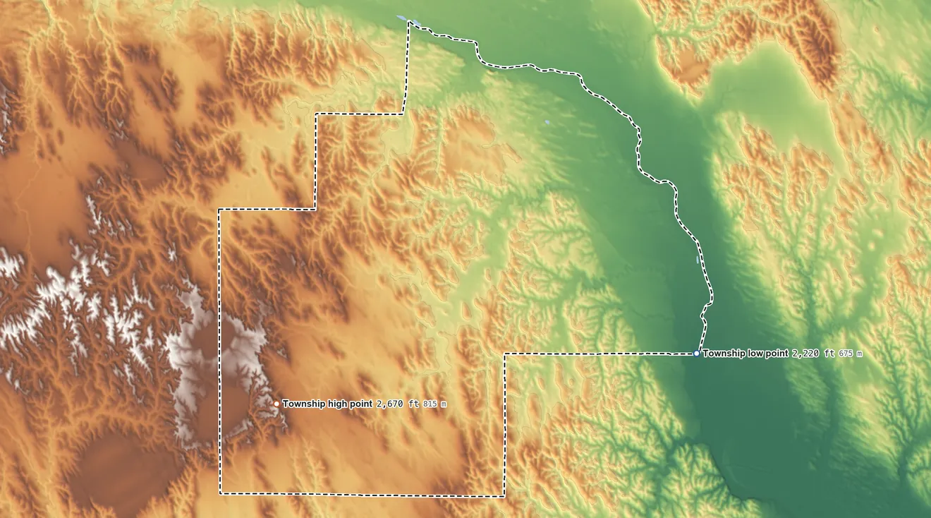 Topographic elevation map of Douglas Grove Township, Nebraska, shaded from 2,220 ft on the east side to 2,670 ft on the southwest side