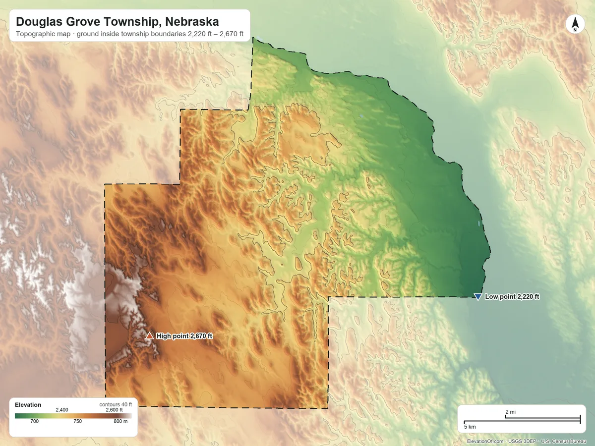 Topographic elevation map of Douglas Grove Township, Nebraska, shaded from 2,220 ft on the east side to 2,670 ft on the southwest side